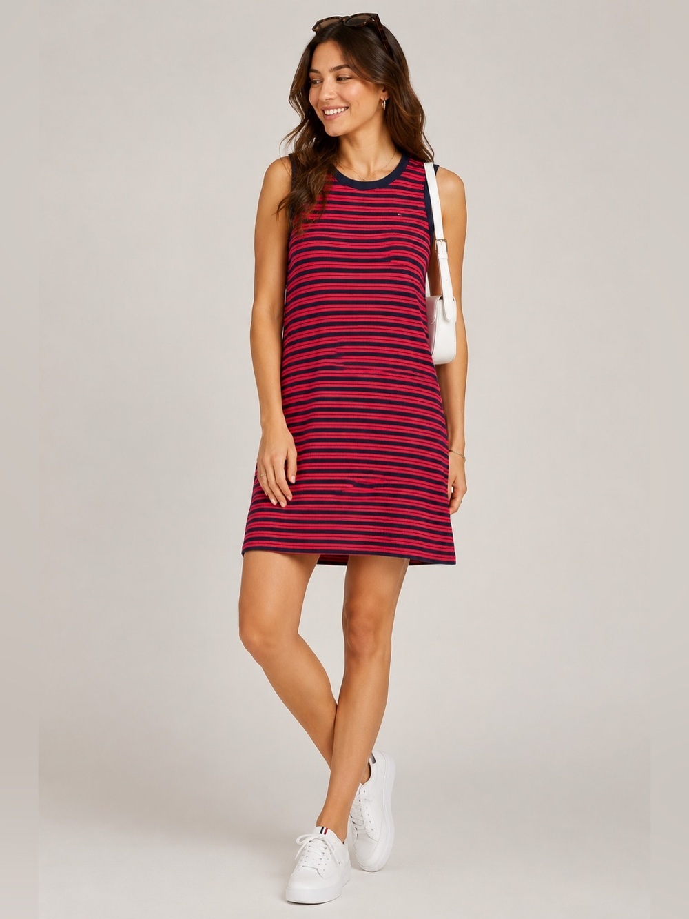 Tommy Hilfiger Red & Navy Striped Sleeveless Ribbed Knit Dress XL Casual Shift